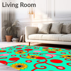 Yellow Sunflowers Red Swirls Aqua Circles Rug