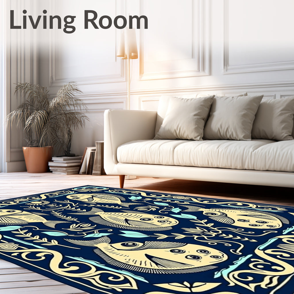 Naval Blue Cream Five Fish Motif Rug