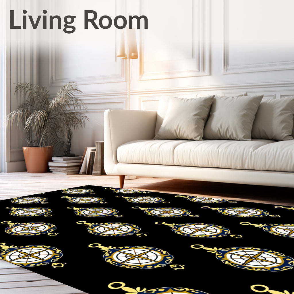 Navigational Compass Black Ornament Rug