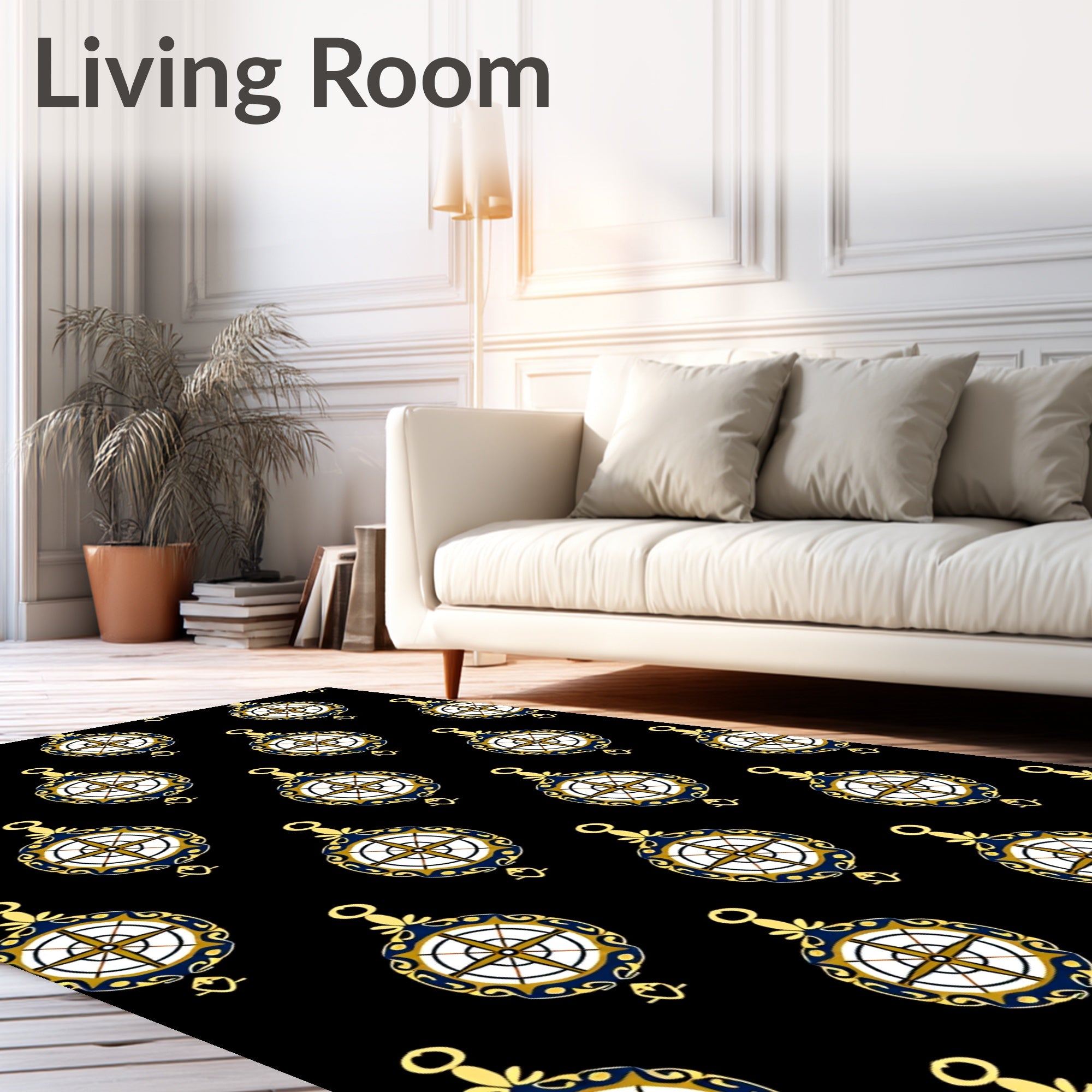 Navigational Compass Black Ornament Rug