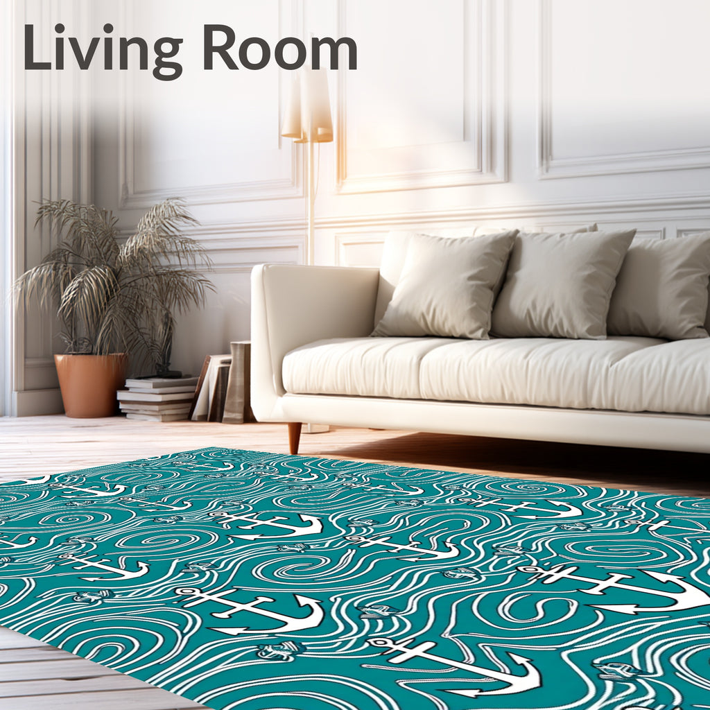 Teal Nautical Anchor Waves Rug