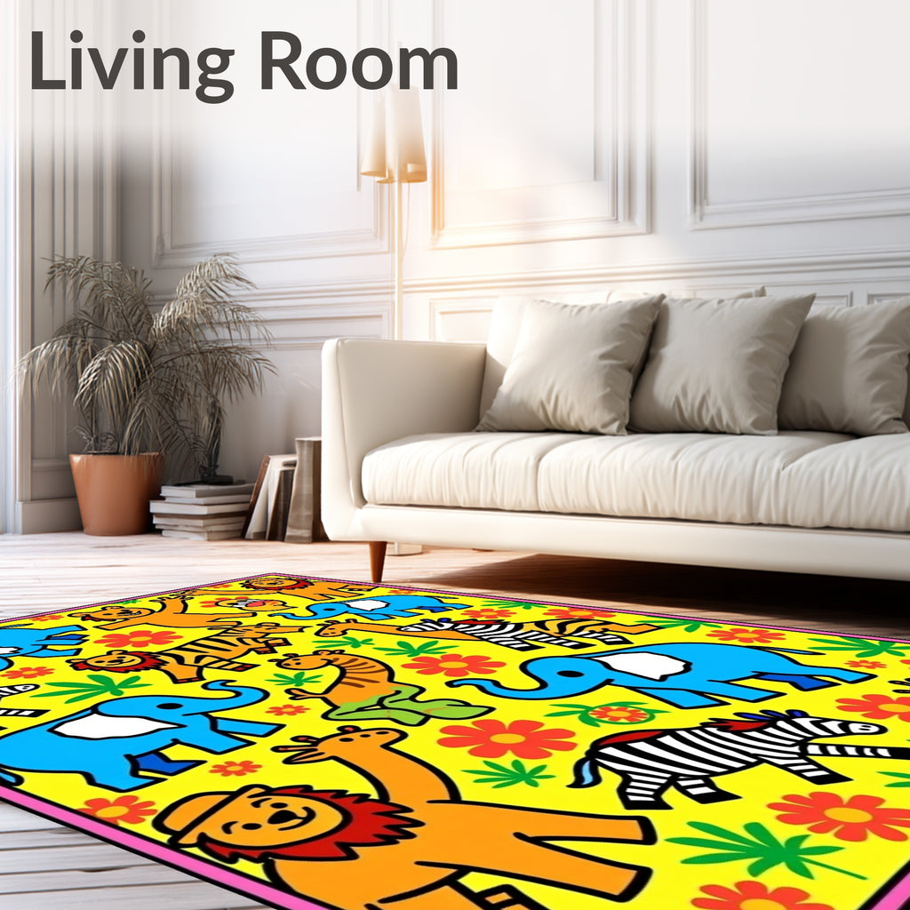 Whimsical Animals and Flowers Yellow Rug