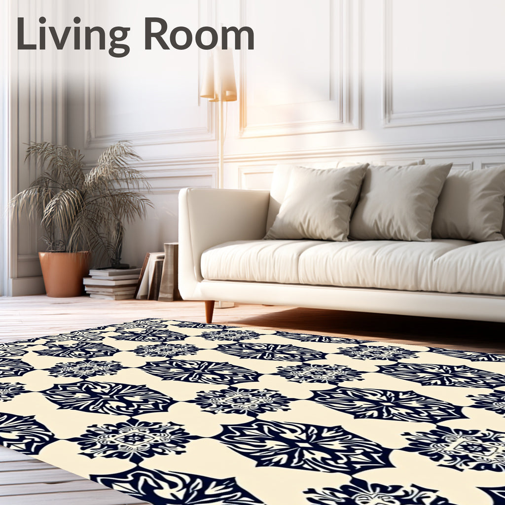 Beige and Navy Floral Medallion Rug