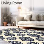 Beige and Navy Floral Medallion Rug