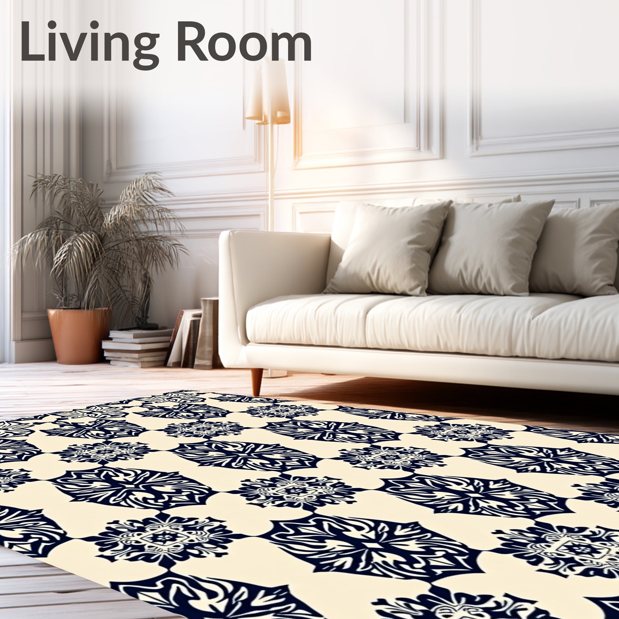 Beige and Navy Floral Medallion Rug