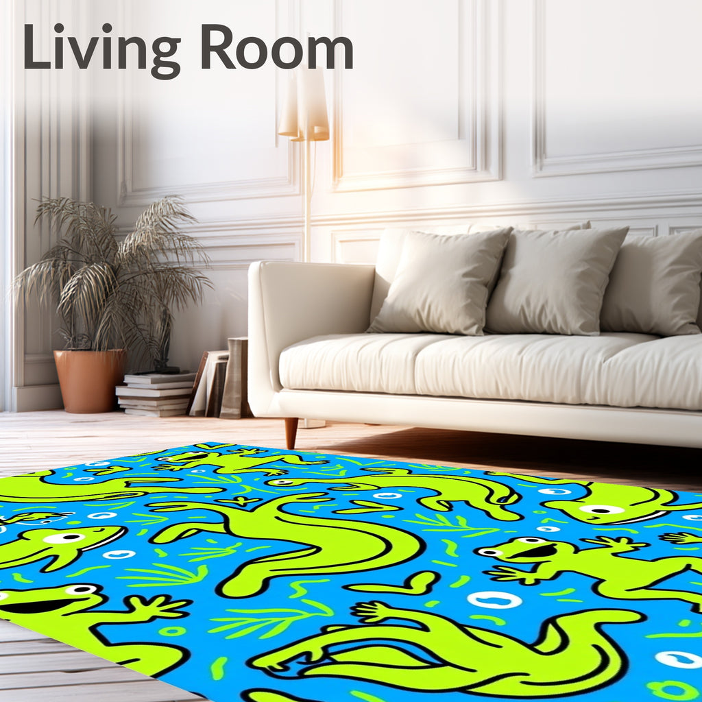 Whimsical Green Frogs Blue Aquatic Rug