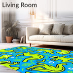 Whimsical Green Frogs Blue Aquatic Rug