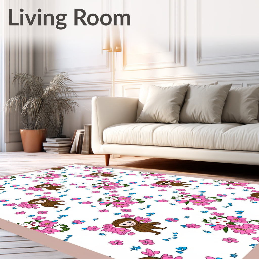 Cute Brown Monkey Pink Floral Meadow Rug