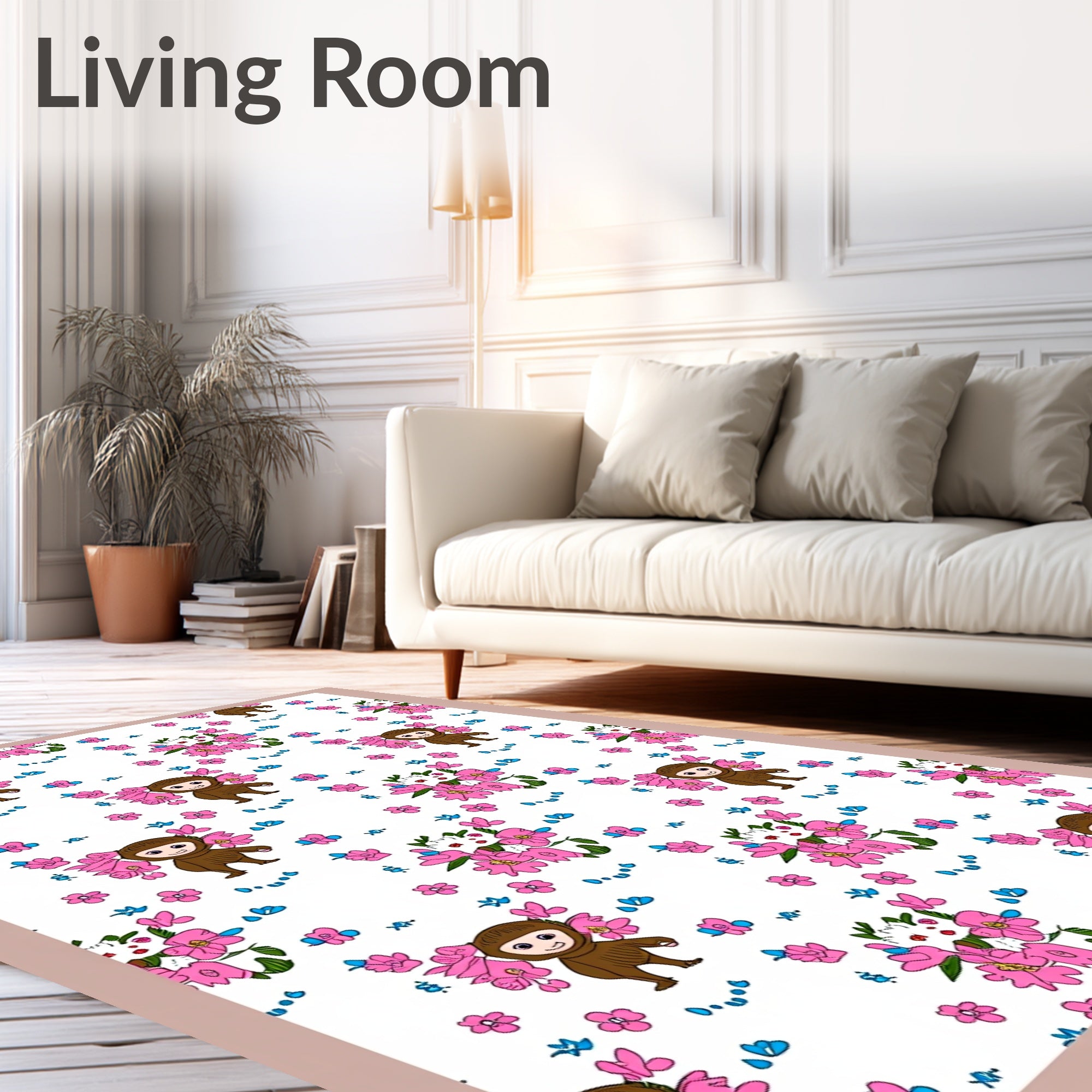Cute Brown Monkey Pink Floral Meadow Rug