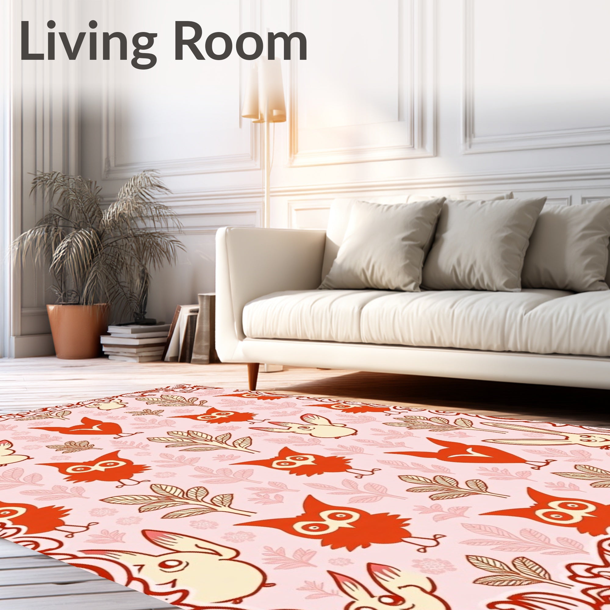 Whimsical Red Owl Bunny Botanical Pink Rug