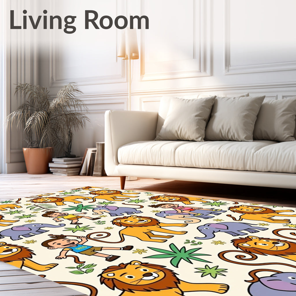 Cute Cartoon Lions Elephants Woodland Kids Rug