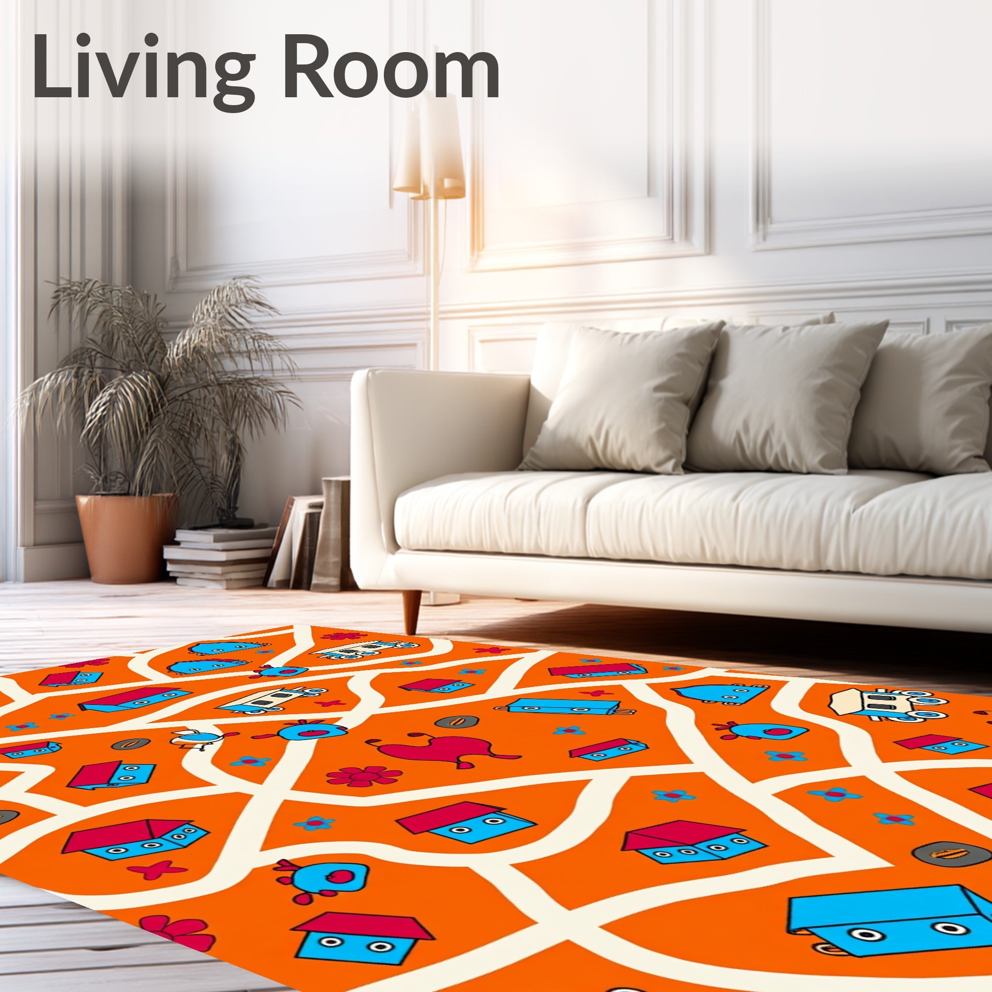 Playful Cartoon Village Orange Sky Rug