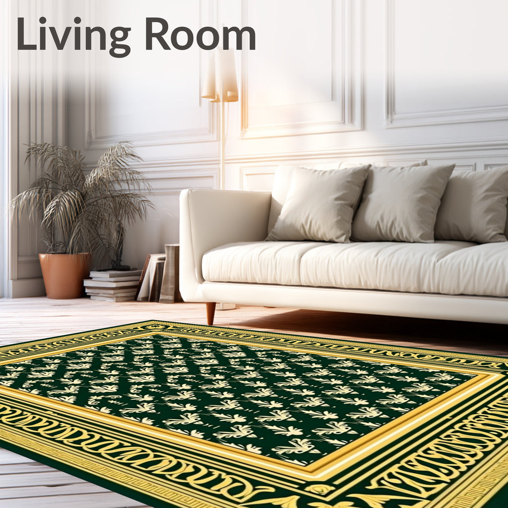 Emerald Green Vintage Floral Border Rug