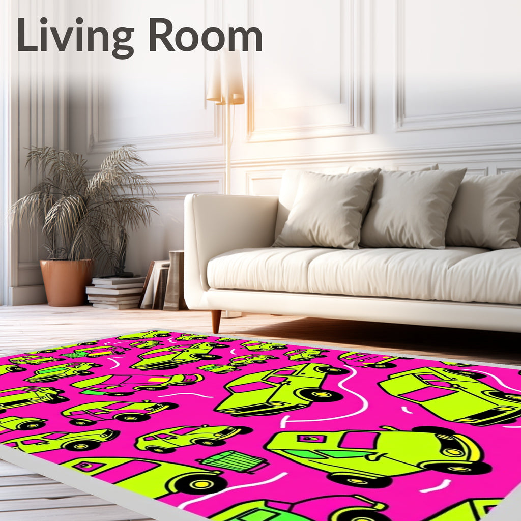 Lime Green Cars on Pink Background Rug