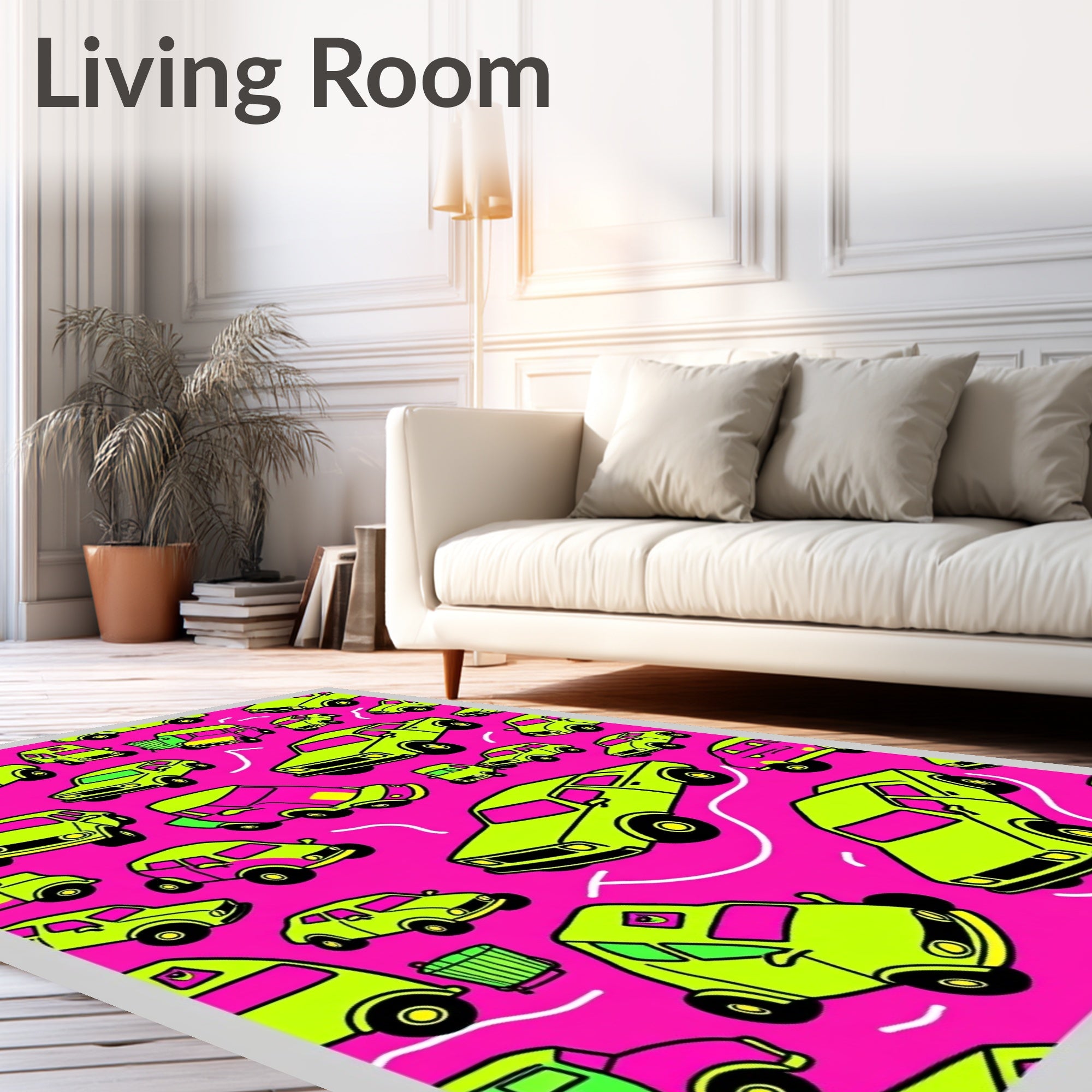 Lime Green Cars on Pink Background Rug