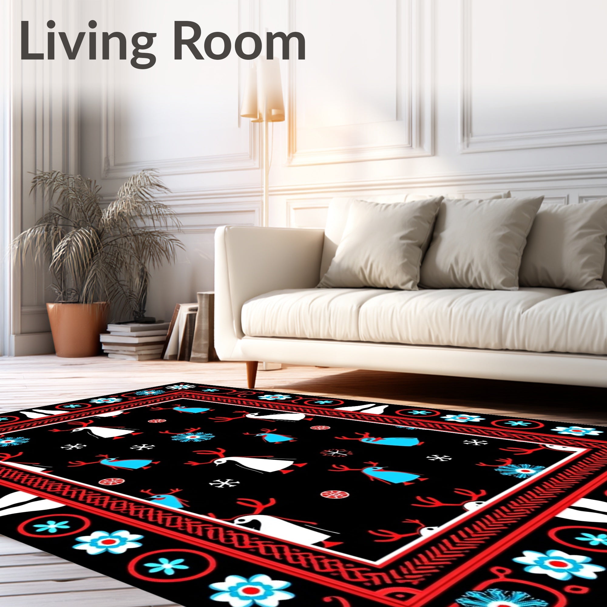 Red White Blue Reindeer Snowflakes Border Rug