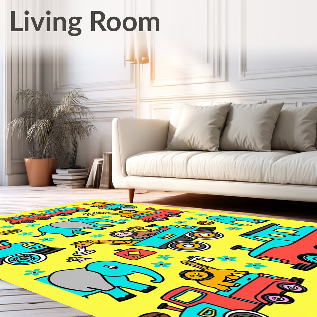 Whimsical Teal Elephant Lion Train Adventure Rug