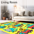 Whimsical Teal Elephant Lion Train Adventure Rug