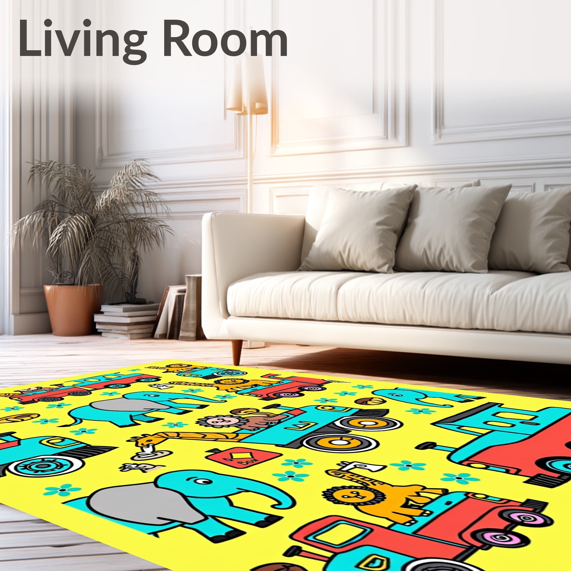 Whimsical Teal Elephant Lion Train Adventure Rug