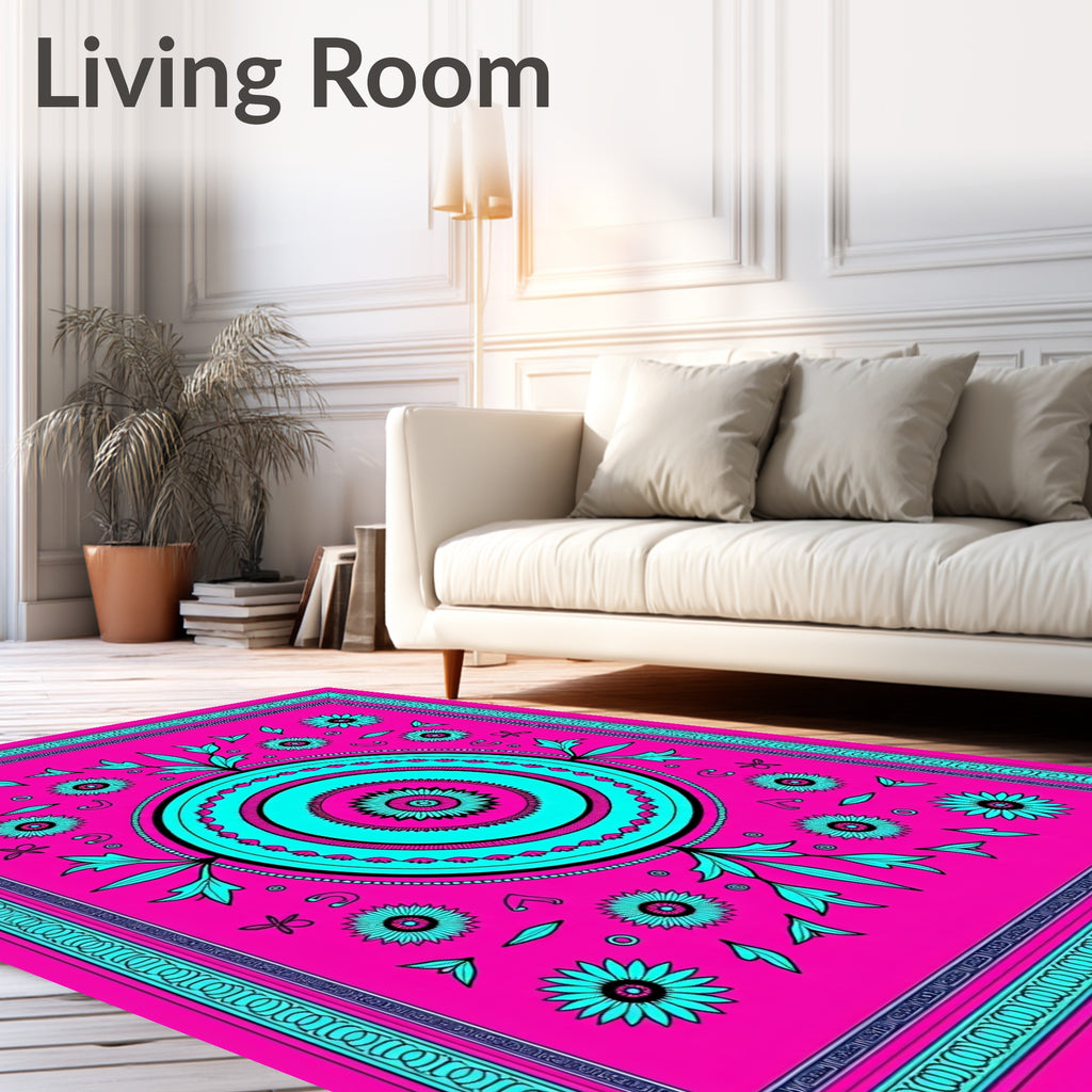 Vibrant Pink Teal Floral Mandala Rug