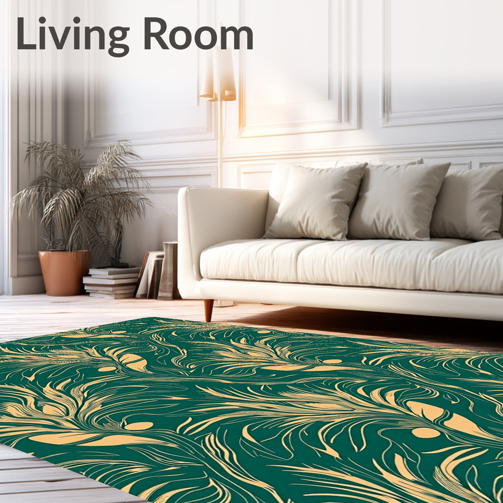 Emerald Teal Golden Feather Swirl Rug