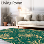 Emerald Teal Golden Feather Swirl Rug