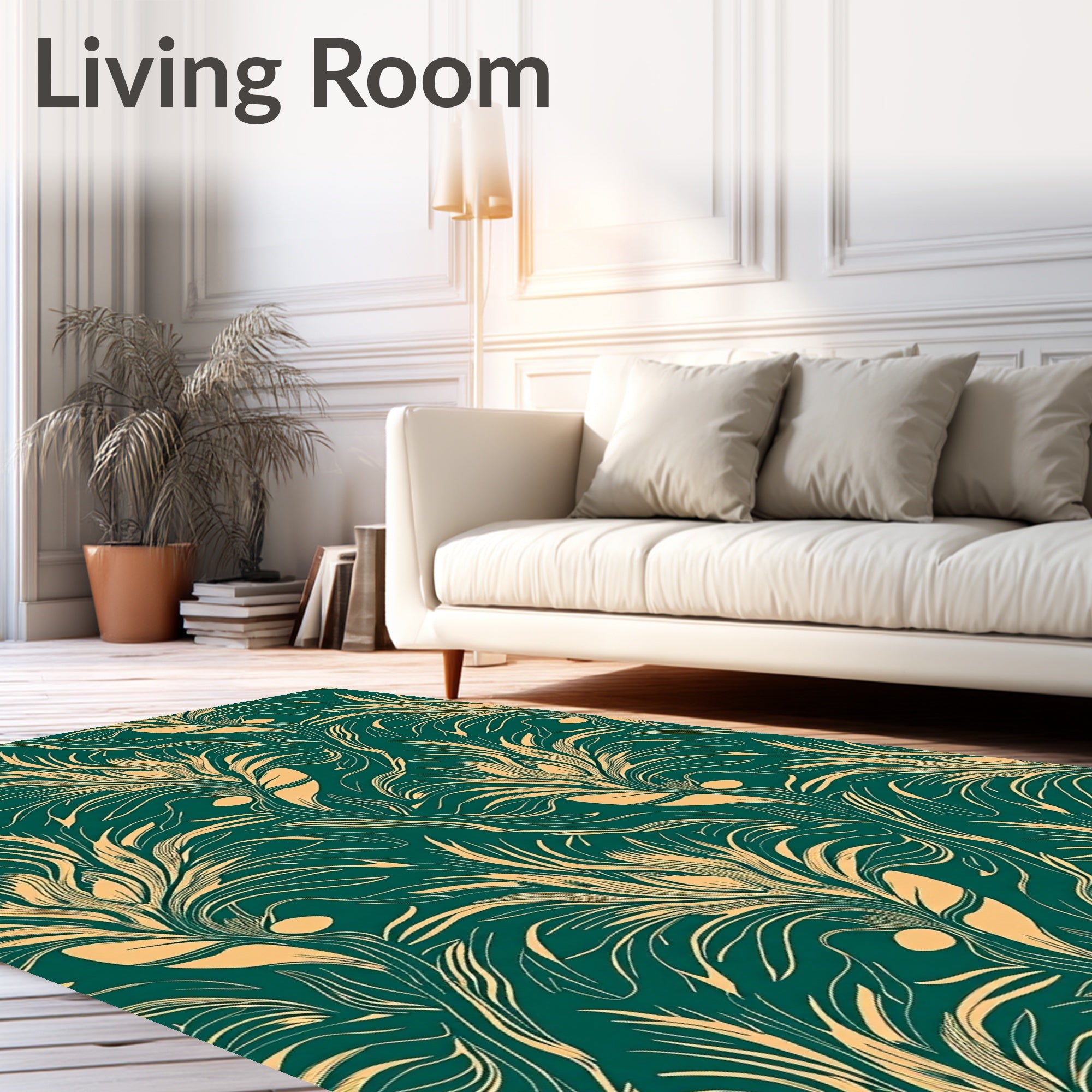 Emerald Teal Golden Feather Swirl Rug