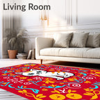 Cute Red Floral Cat Illustration Rug