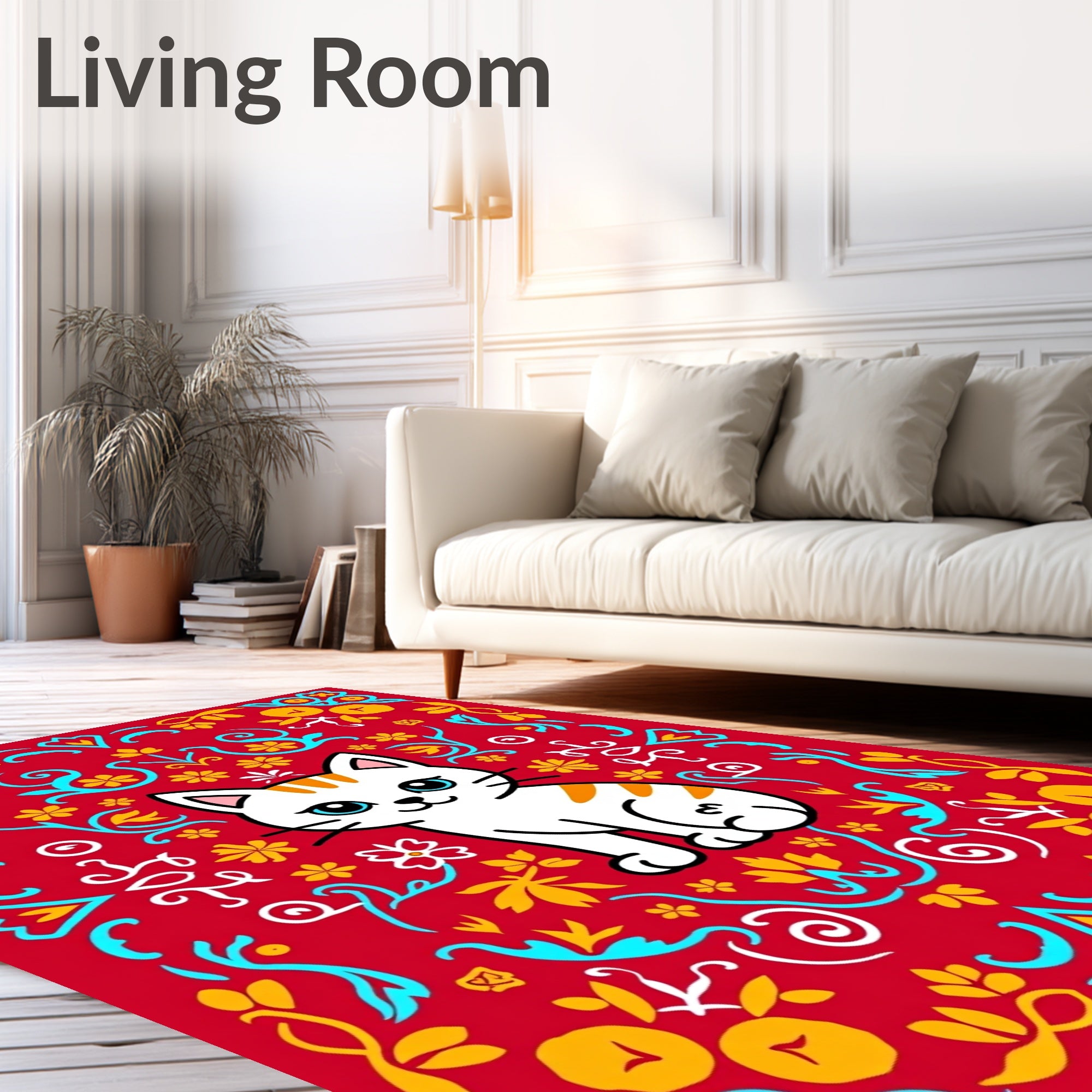 Cute Red Floral Cat Illustration Rug