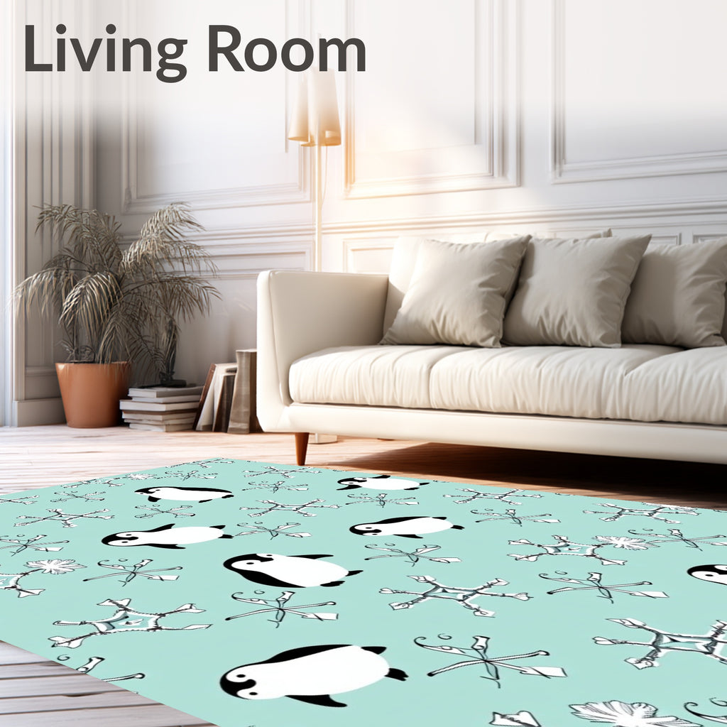 Playful Penguins Snowflakes Aqua Background Rug