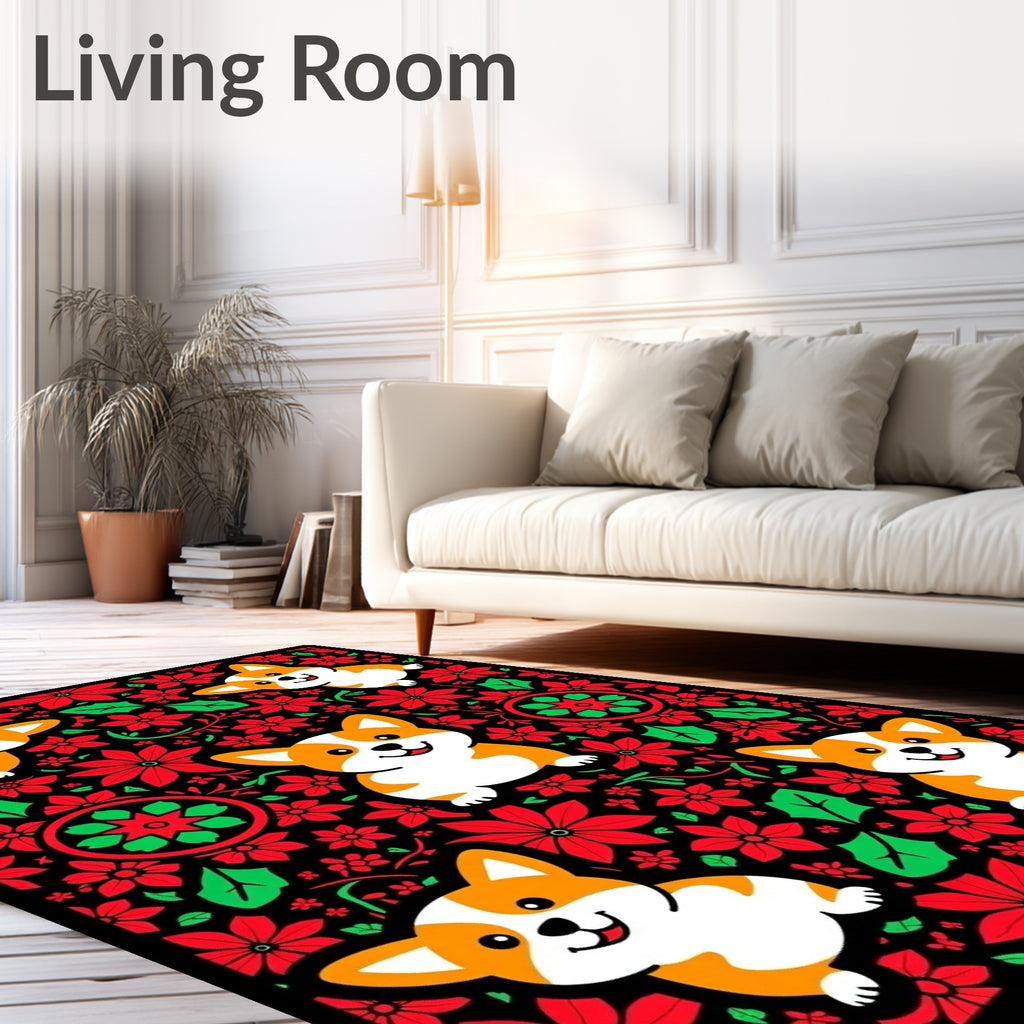 Charming Corgis Red Floral Collage Rug