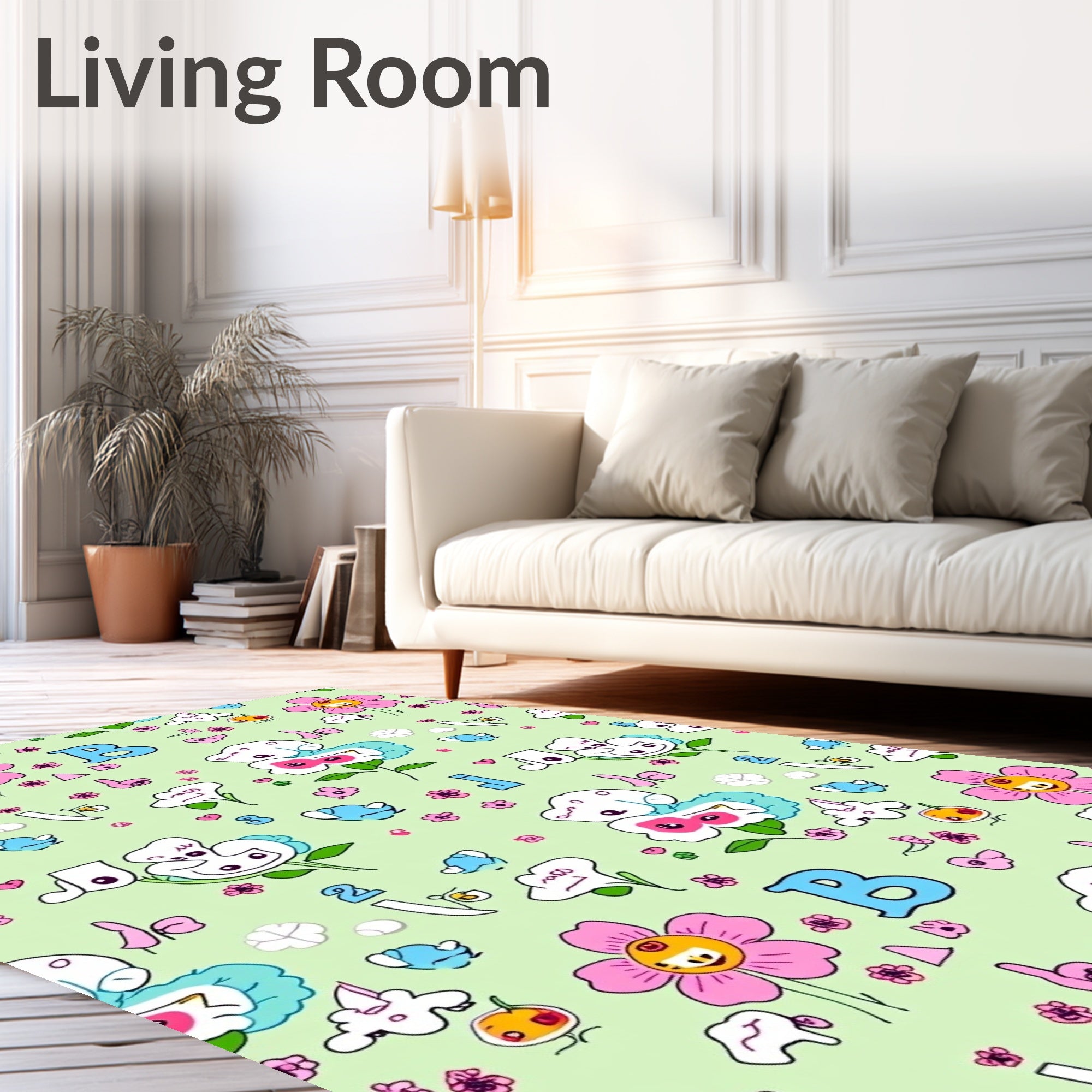 Whimsical Floral Letters Light Green Background Rug