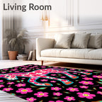 Pink Floral Horse On Black Background Rug