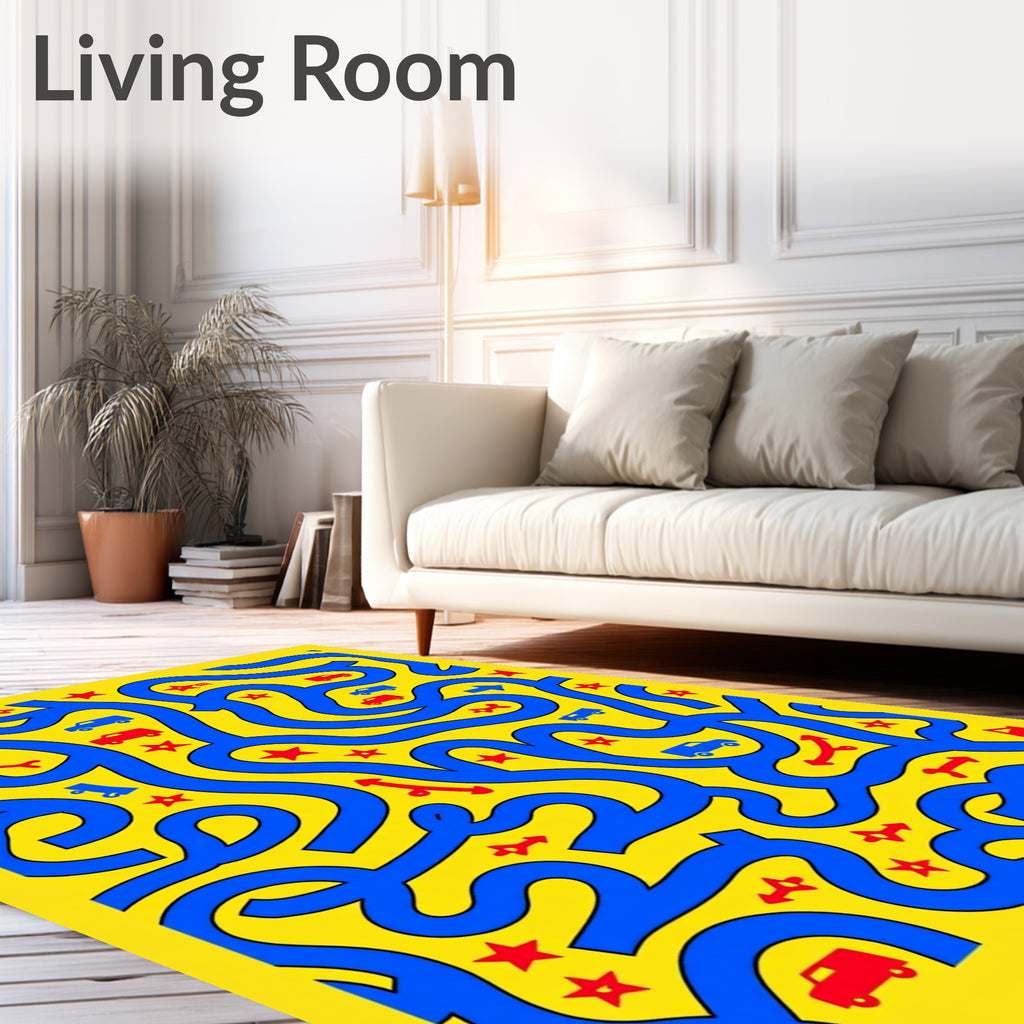 Bright Yellow Blue Car Maze Rug