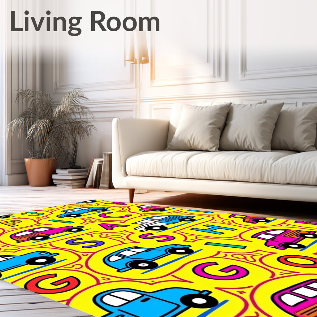 Alphabet Cars Playful Yellow Kids Rug