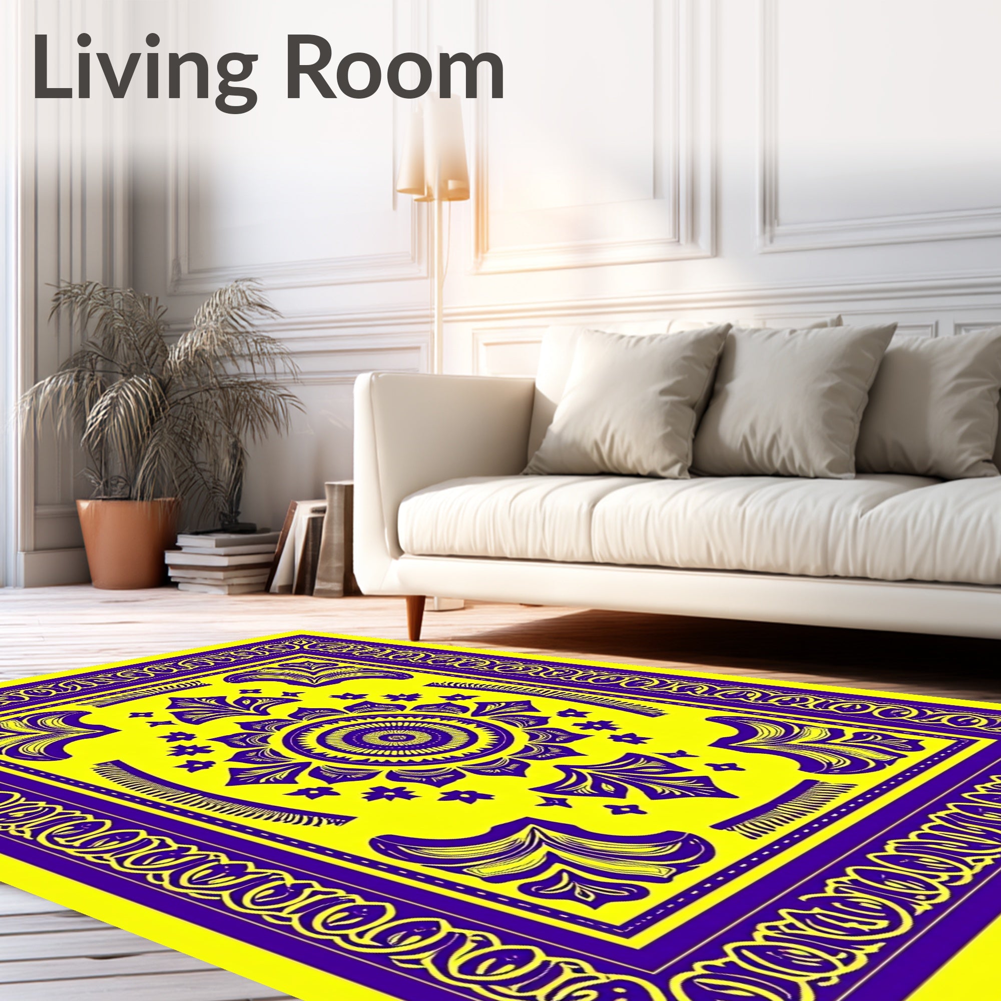 Vibrant Yellow Purple Floral Medallion Rug