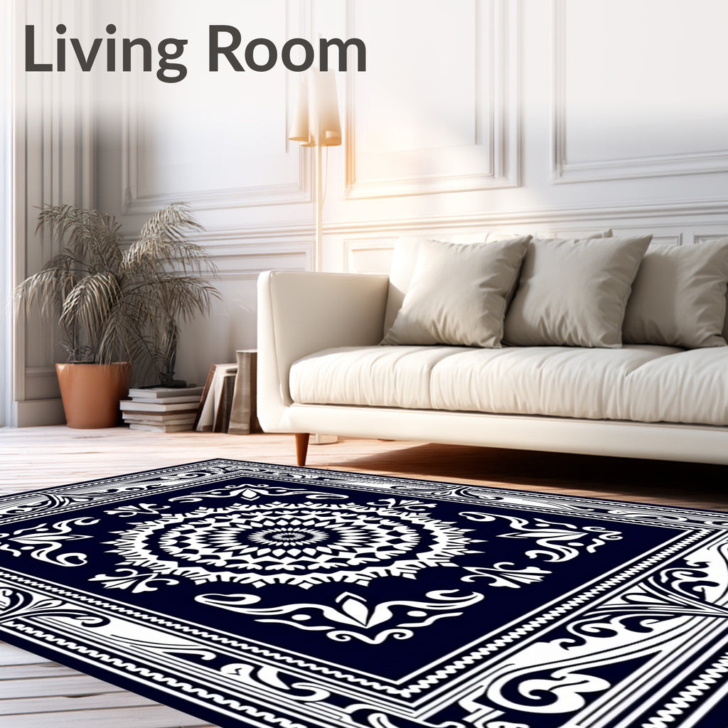 Navy White Intricate Mandala Border Rug