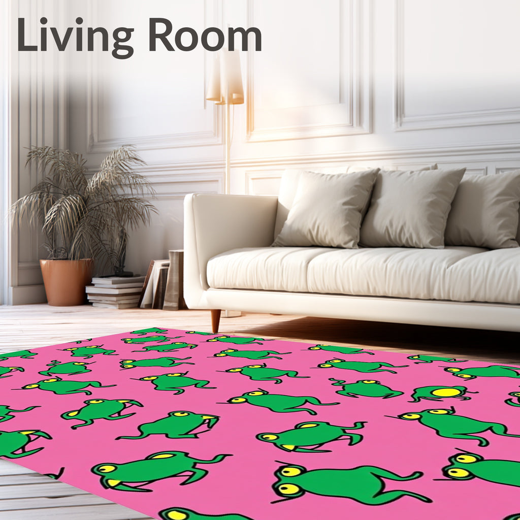 Playful Green Frogs Pink Background Rug