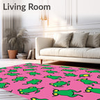 Playful Green Frogs Pink Background Rug