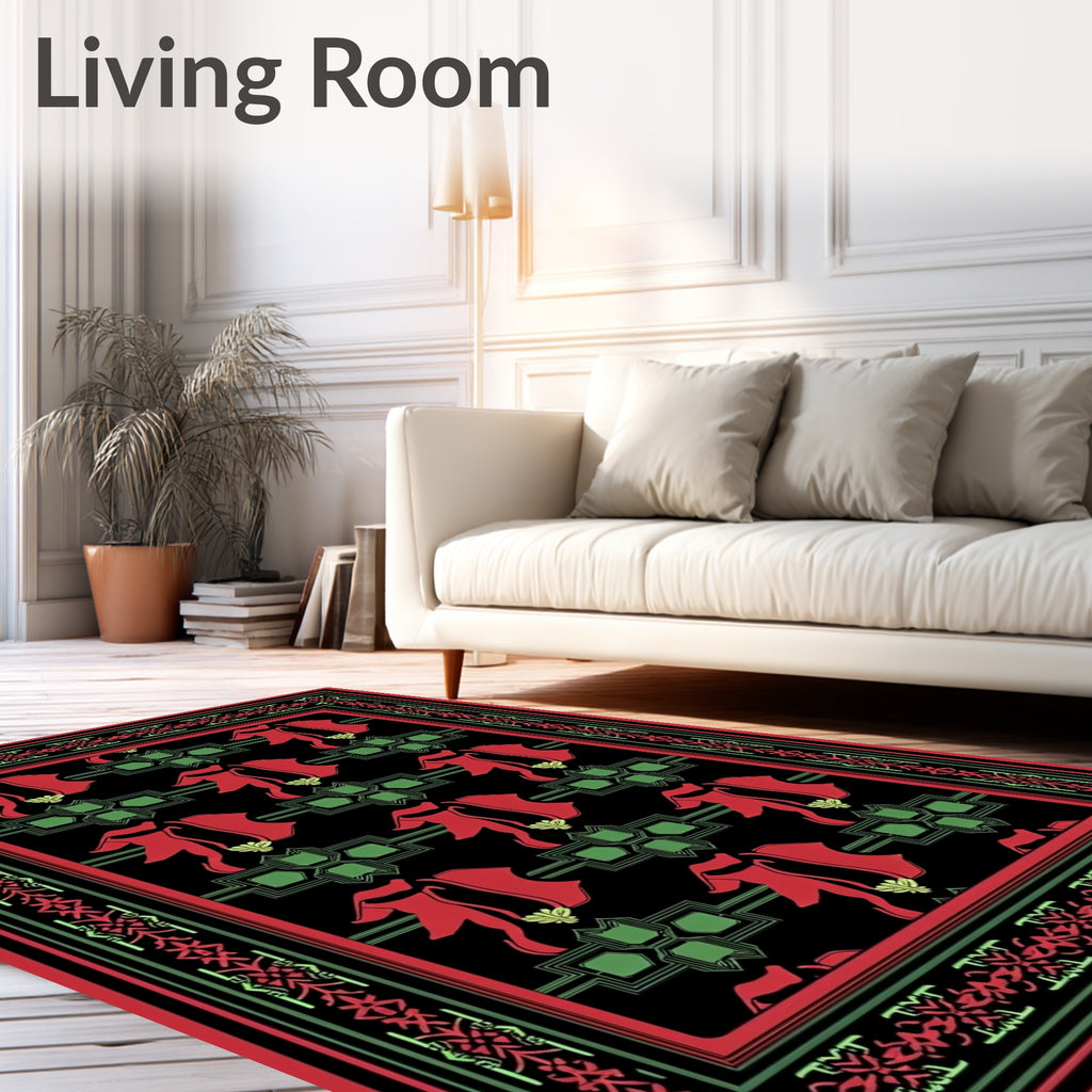 Crimson Red Green Floral Border Art Rug