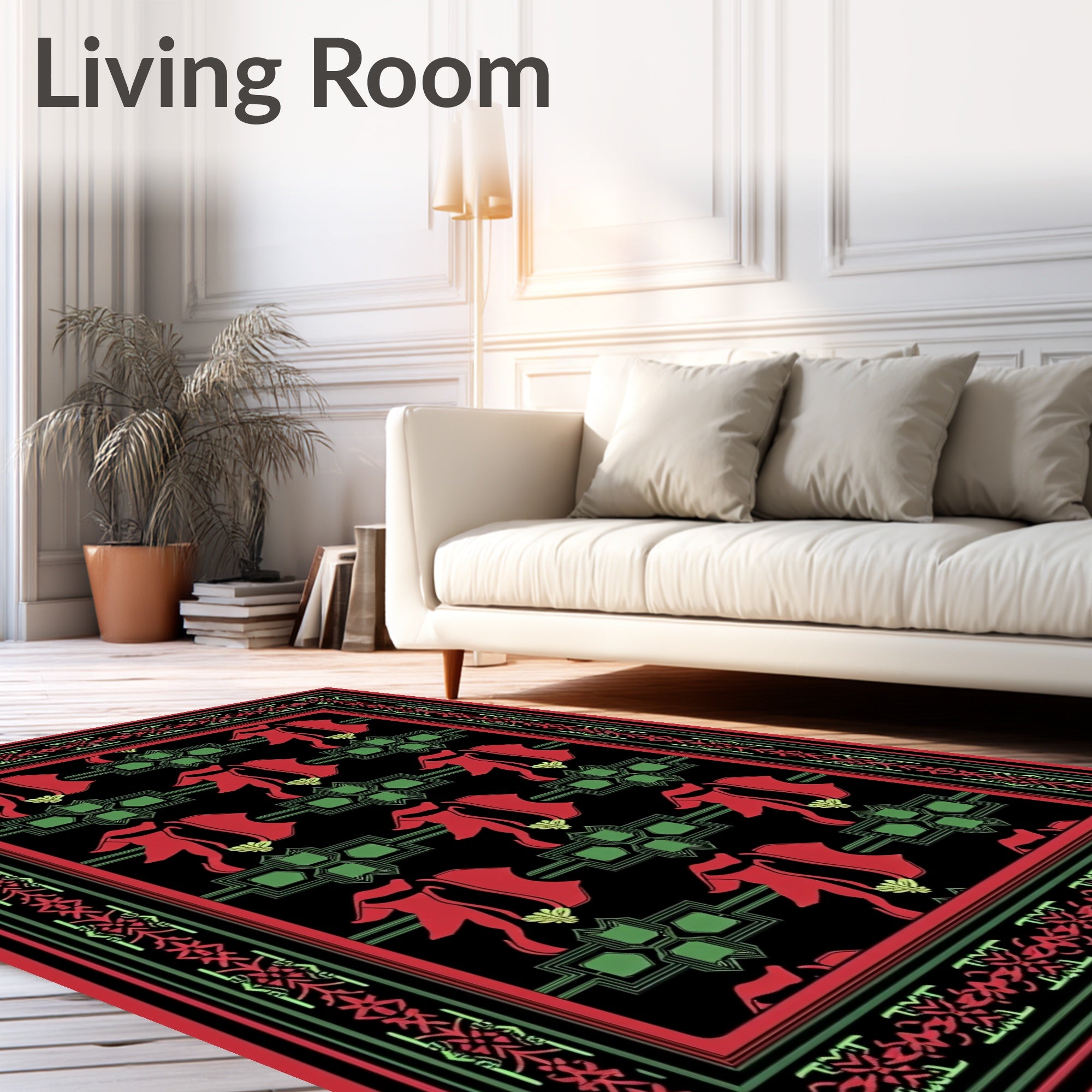 Crimson Red Green Floral Border Art Rug