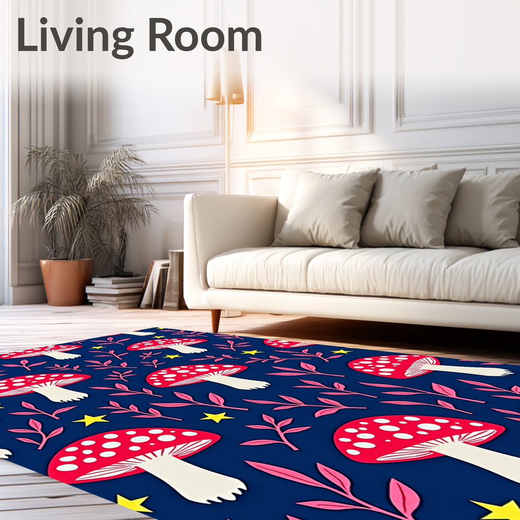 Whimsical Red Mushroom Stars Navy Rug