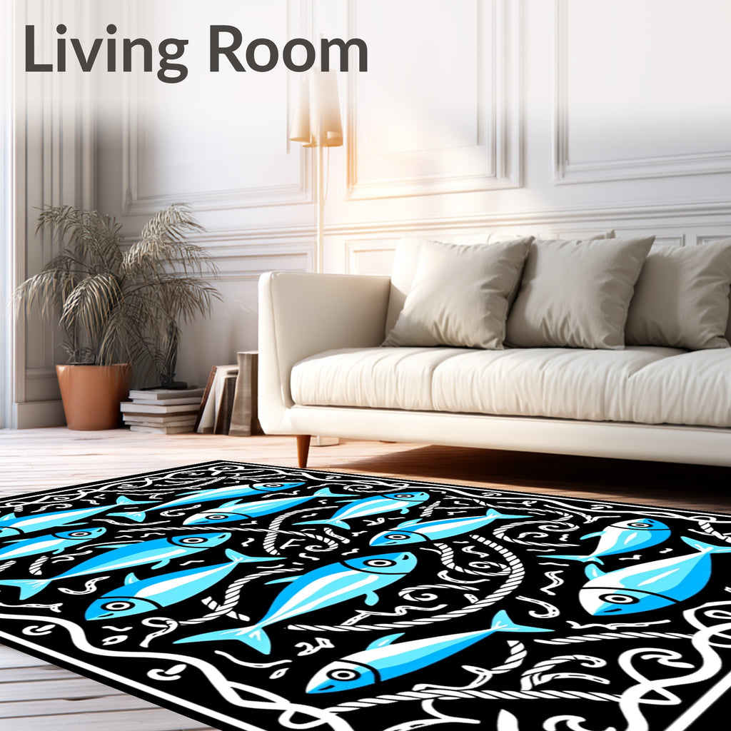 School of Blue Fish Nautical Border Rug