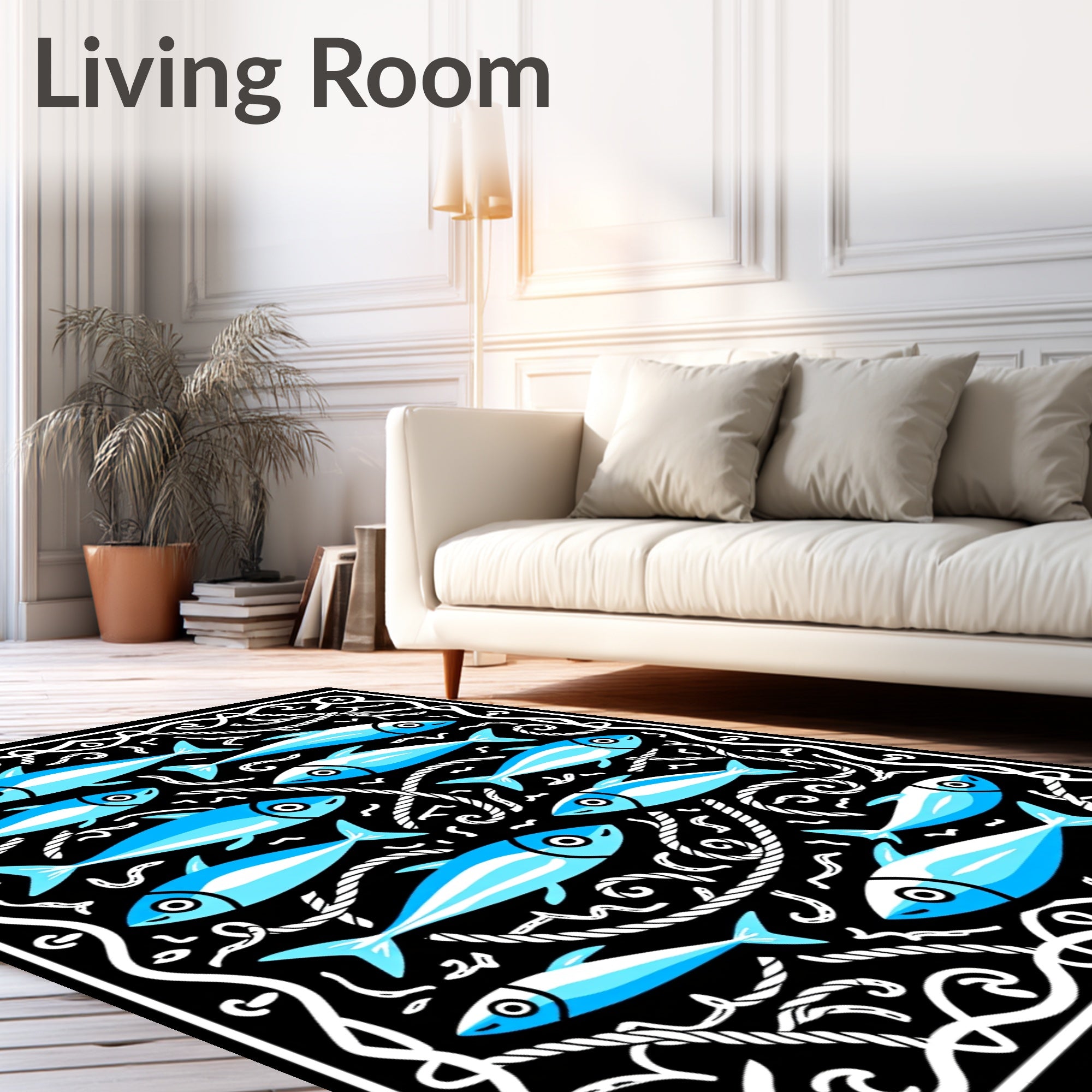 School of Blue Fish Nautical Border Rug