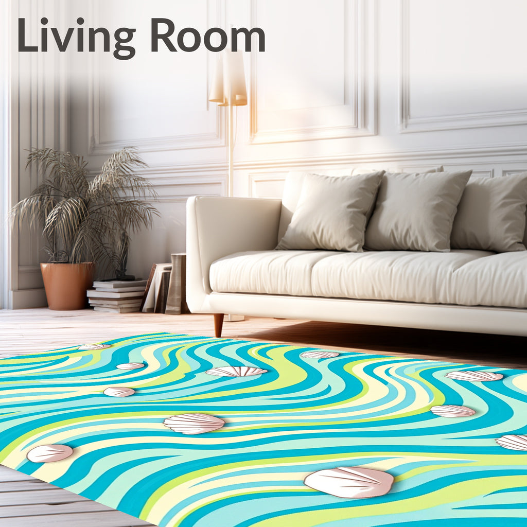 Aqua Teal Cream Seashell Waves Rug