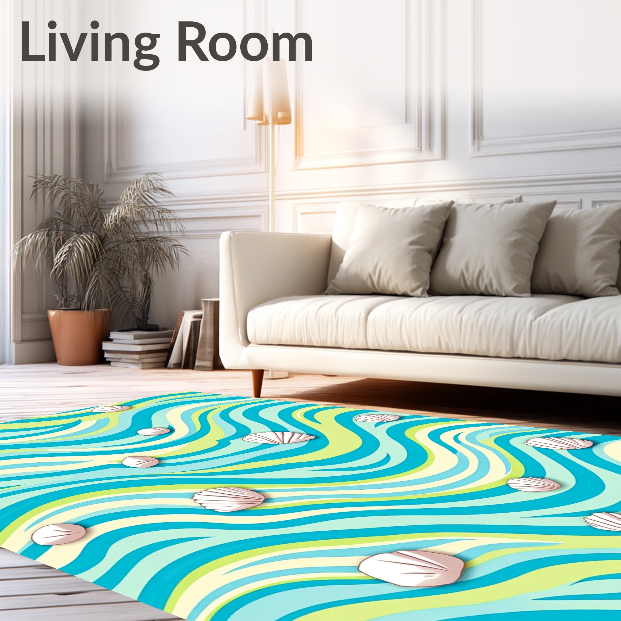 Aqua Teal Cream Seashell Waves Rug