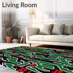 Dynamic Black Red Figures Green Field Rug