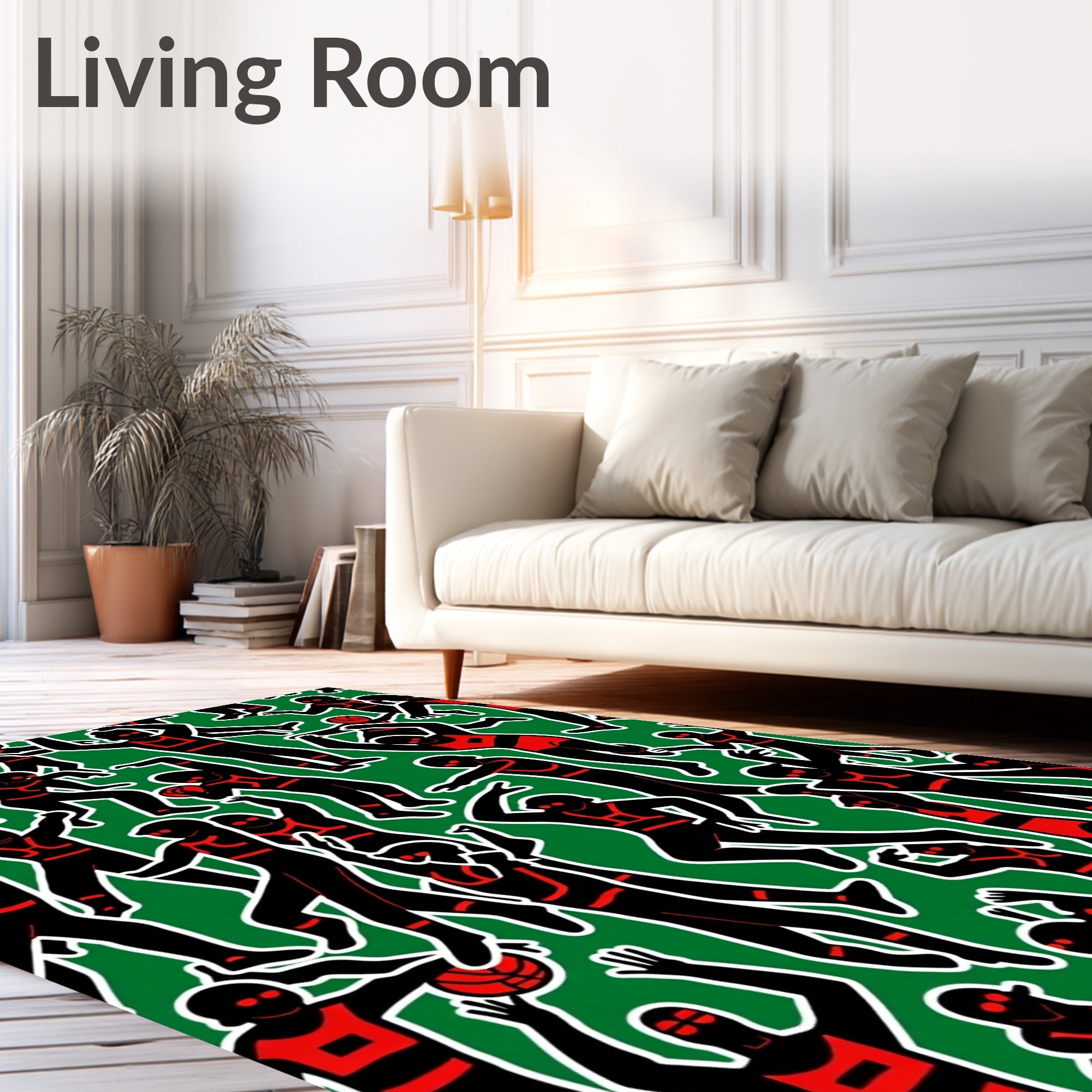 Dynamic Black Red Figures Green Field Rug