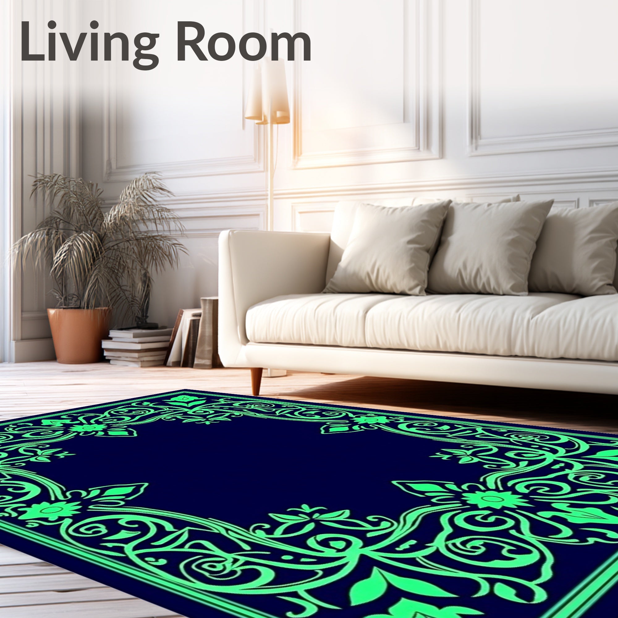 Emerald Green Floral Scroll Frame Rug