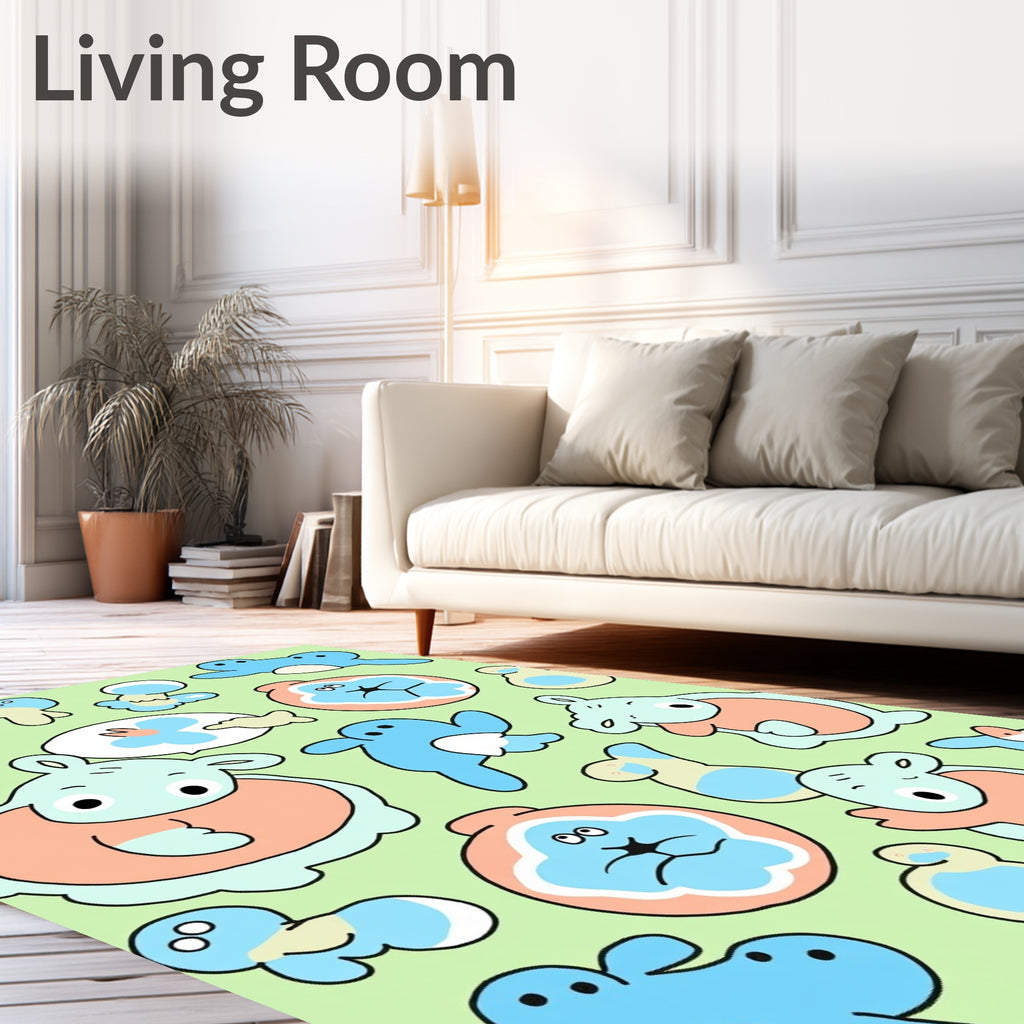 Whimsical Blue Peach Creature Collage Rug